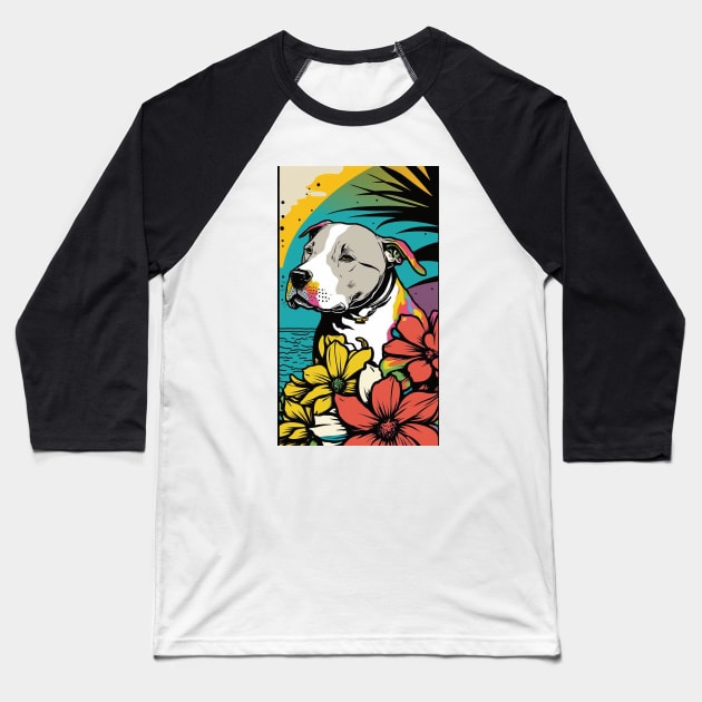 American Staffordshire Terrier PitBull Dog Vibrant Tropical Flower Tall Retro Vintage Digital Pop Art Portrait 6 Baseball T-Shirt by ArtHouseFlunky